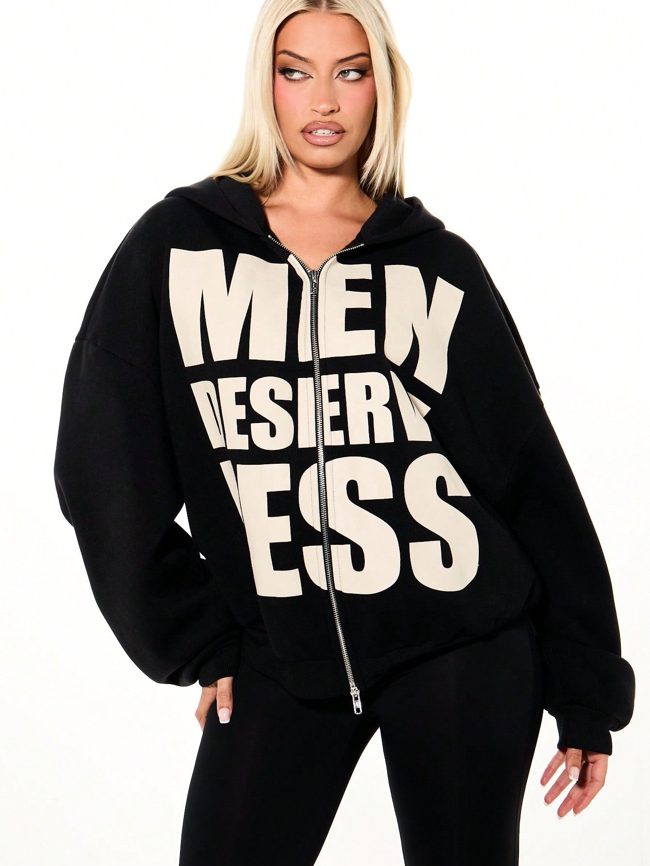 Oversized Black Boxy Zip-Up Hoodie with Graphic Print