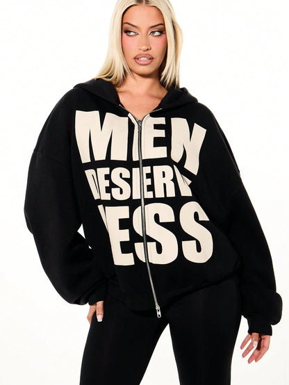 Oversized Black Boxy Zip-Up Hoodie with Graphic Print