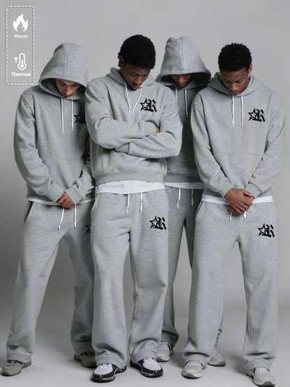Men's Grey Thermal Hoodie and Wide Leg Sweatpants Set