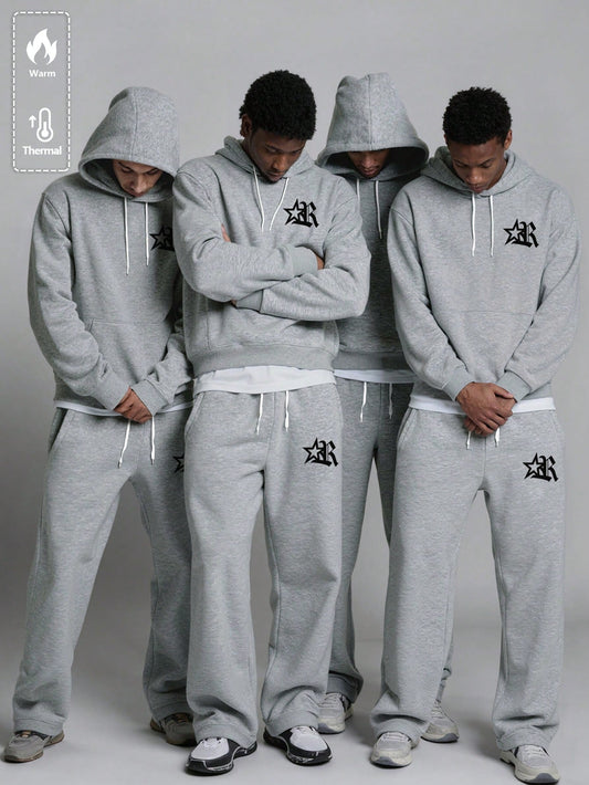 Men's Grey Thermal Hoodie and Wide Leg Sweatpants Set