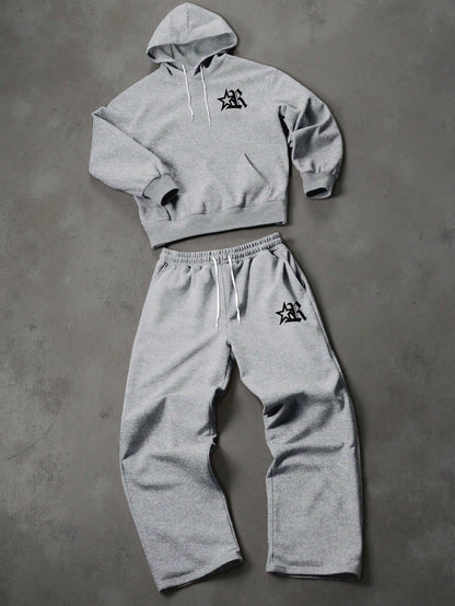 Men's Grey Thermal Hoodie and Wide Leg Sweatpants Set