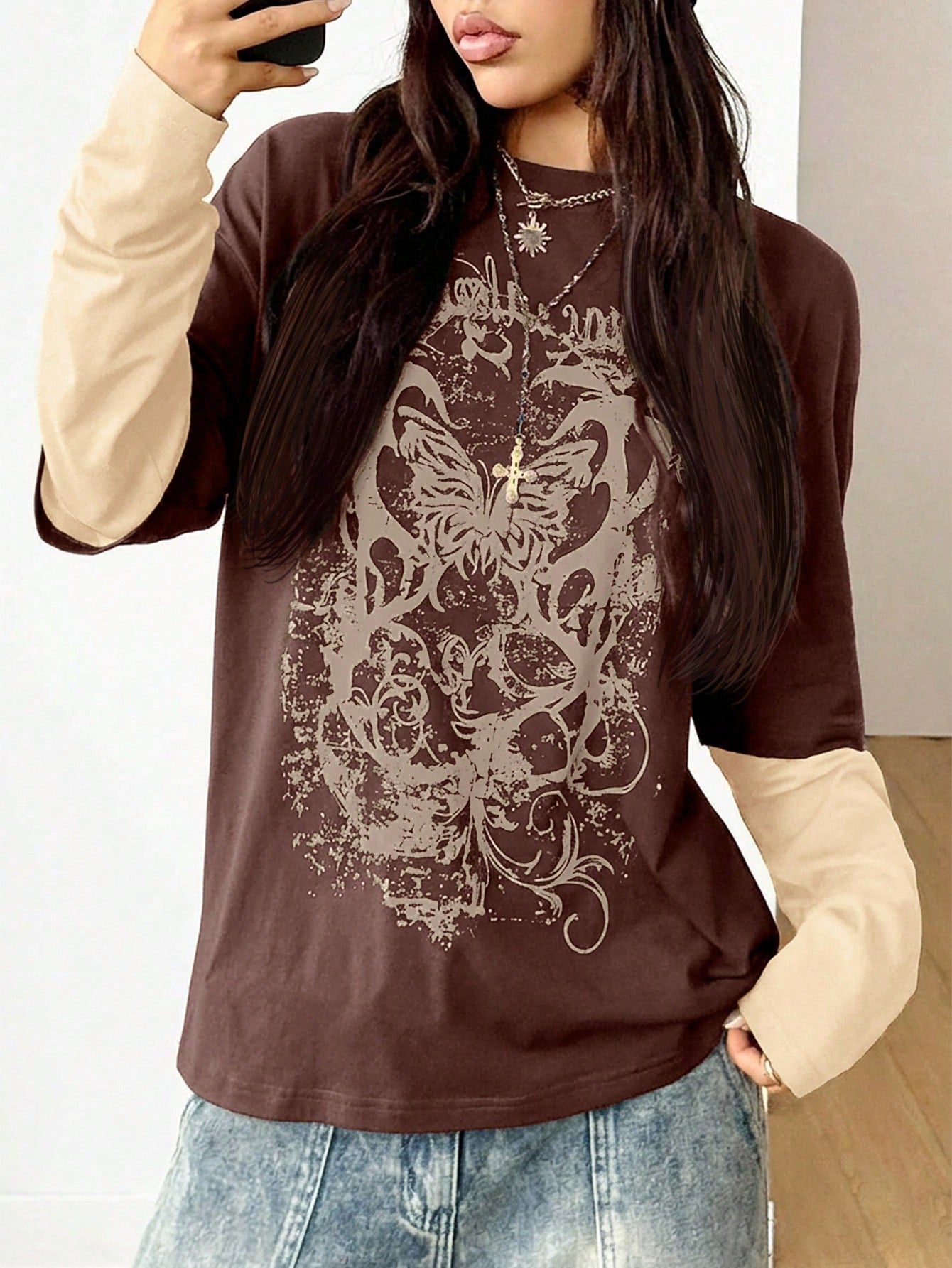 Vintage Goth Grunge Patchwork Long Sleeve Tee