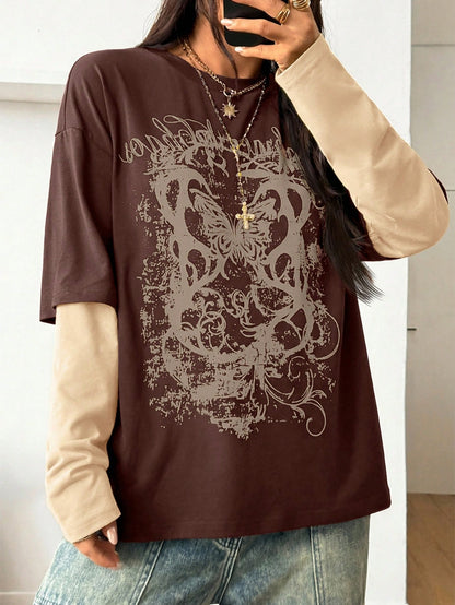 Vintage Goth Grunge Patchwork Long Sleeve Tee