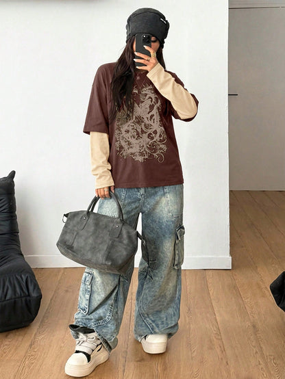 Vintage Goth Grunge Patchwork Long Sleeve Tee