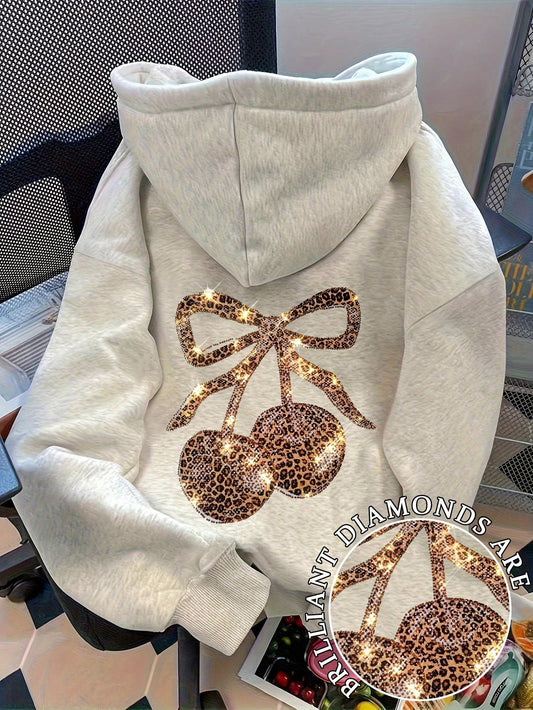 Rhinestone Leopard Cherry Cute Women's Grey Hoodie