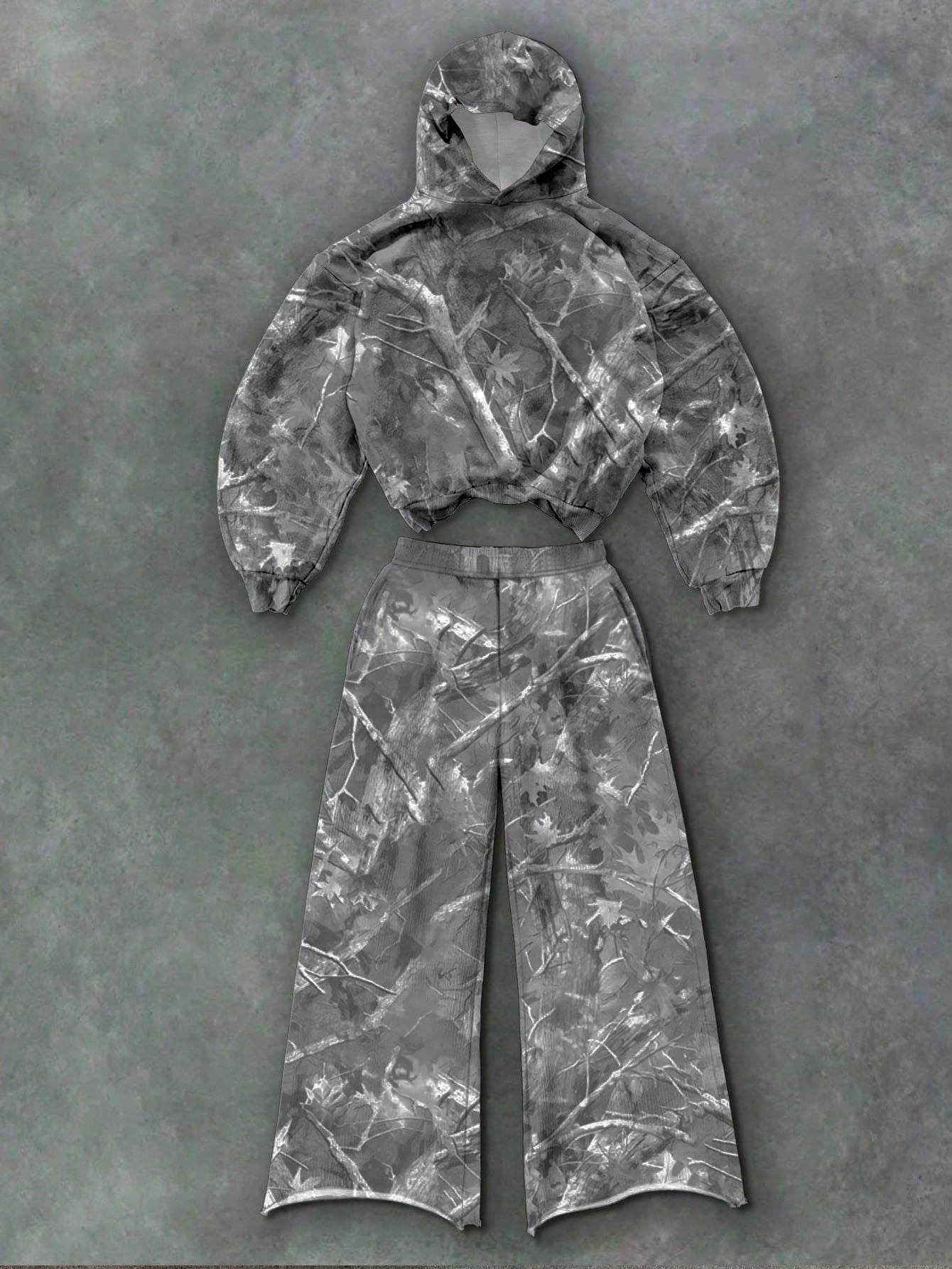 Withered Leaf Print Hooded Top and Pants 2-Piece Set