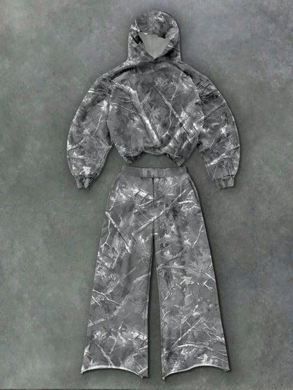 Withered Leaf Print Hooded Top and Pants 2-Piece Set
