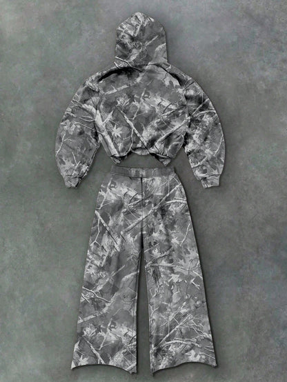 Withered Leaf Print Hooded Top and Pants 2-Piece Set