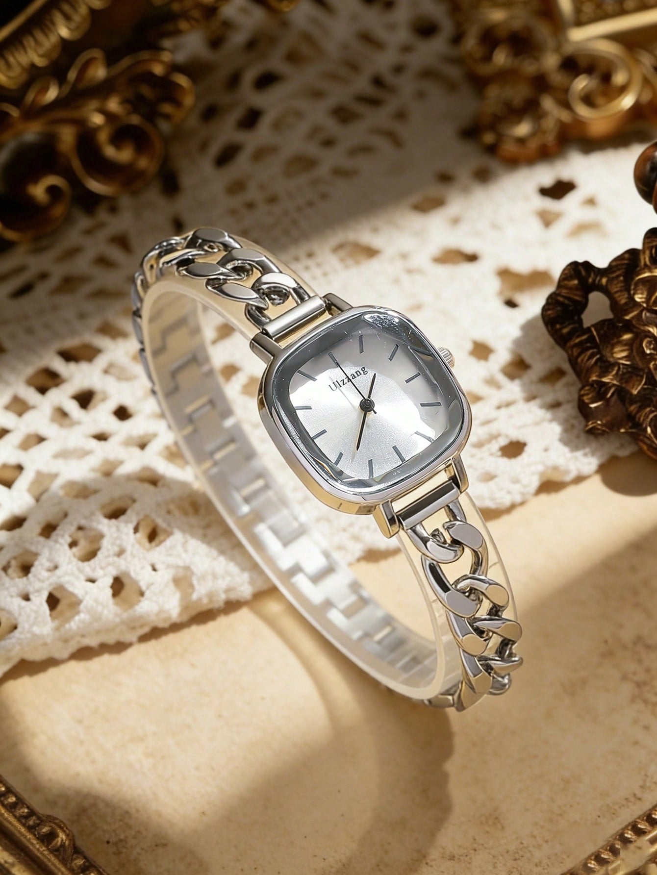 Vintage Square Dial Silver & Gold Chain Bracelet Watch