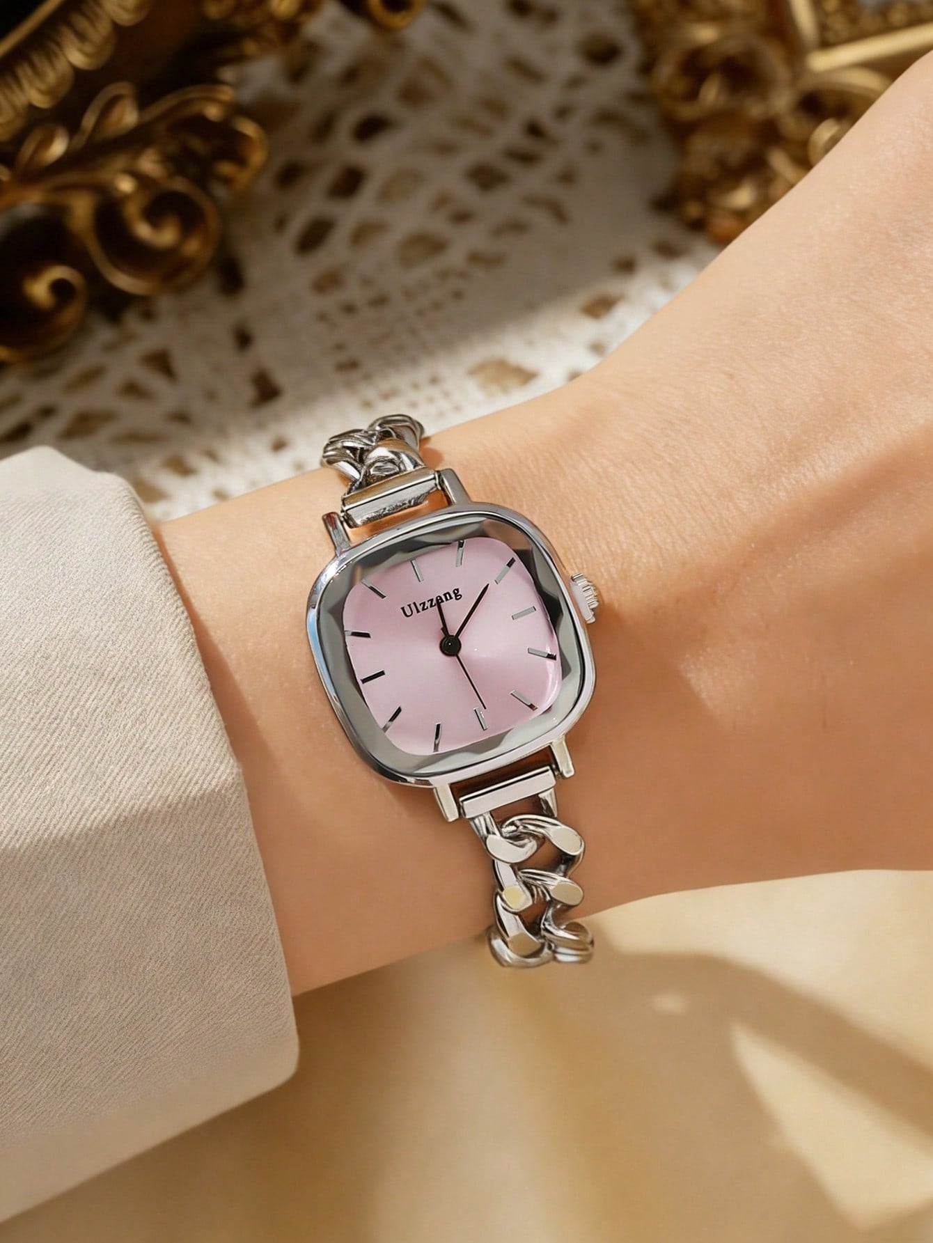 Vintage Square Dial Silver & Gold Chain Bracelet Watch