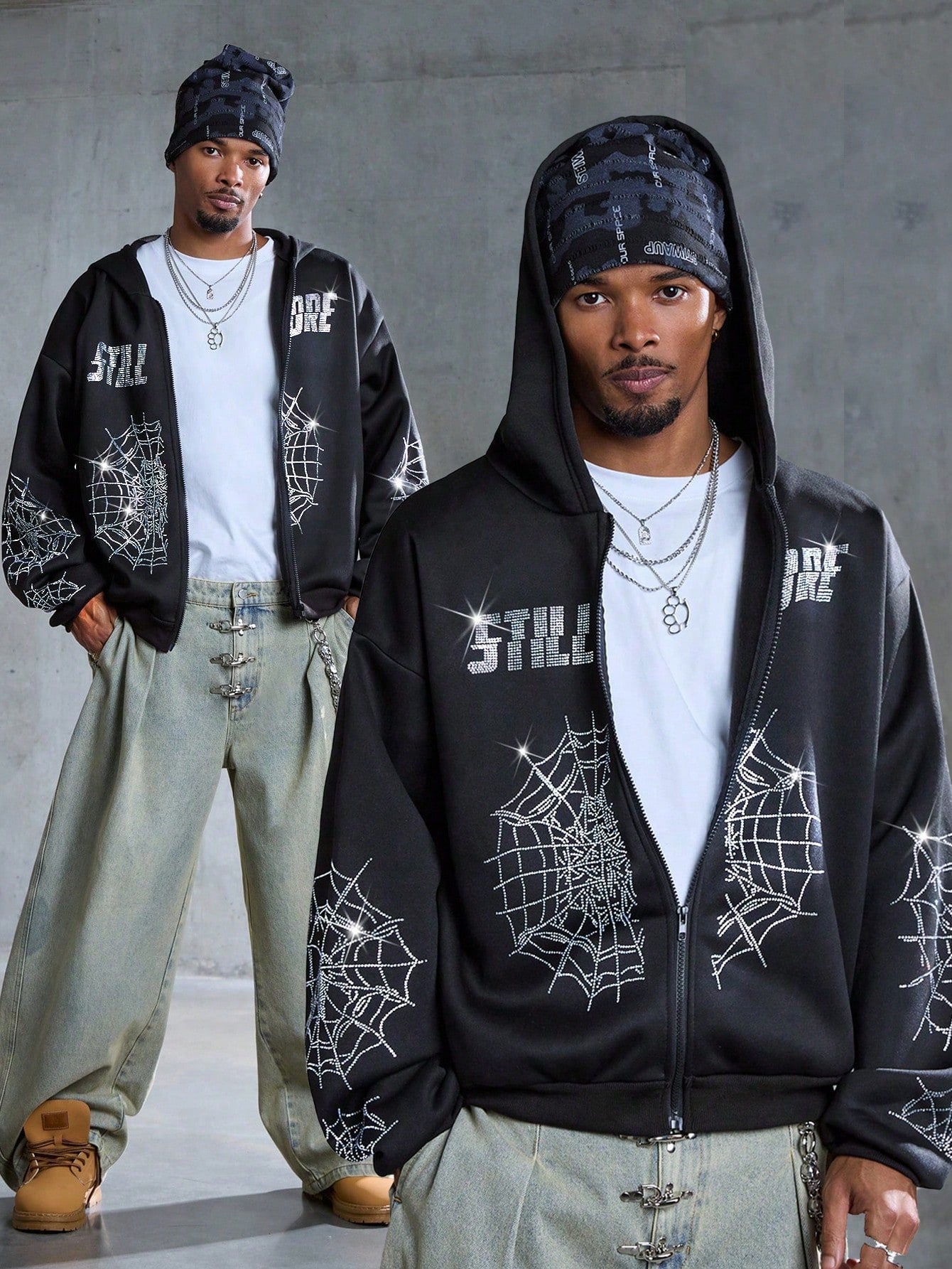 Men's Spider Web Print Dropped Shoulder Y2K Zip Hoodie