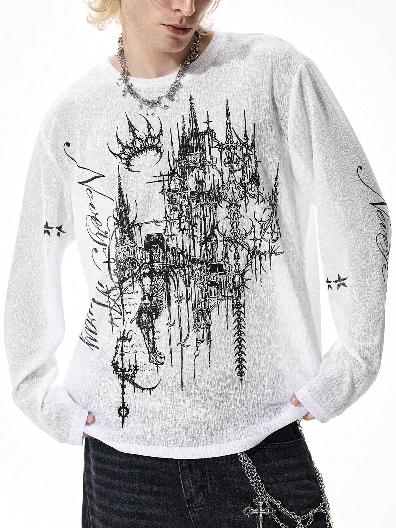 Men Goth Cross Print Long Sleeve T-Shirt
