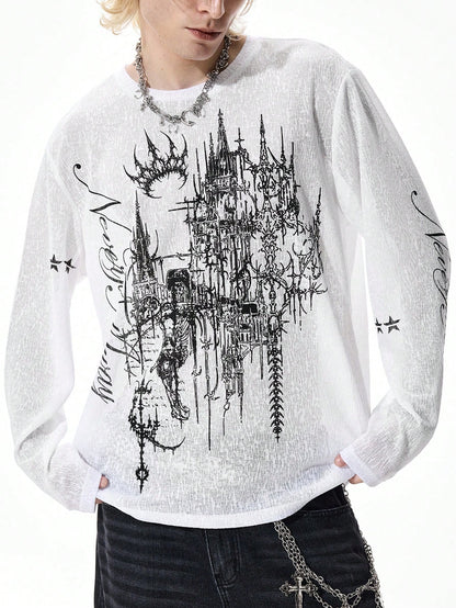 Men Goth Cross Print Long Sleeve T-Shirt