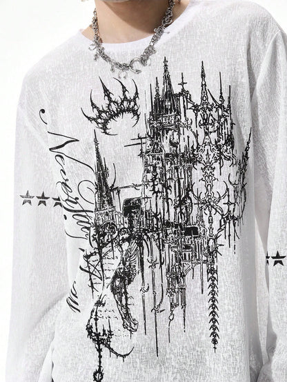 Men Goth Cross Print Long Sleeve T-Shirt