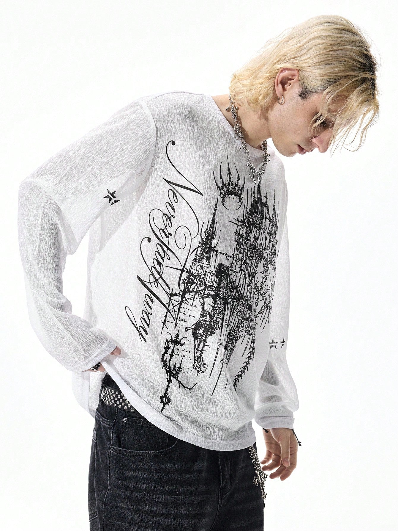 Men Goth Cross Print Long Sleeve T-Shirt