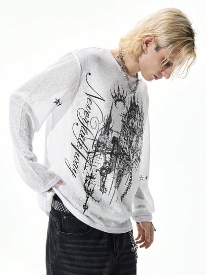 Men Goth Cross Print Long Sleeve T-Shirt
