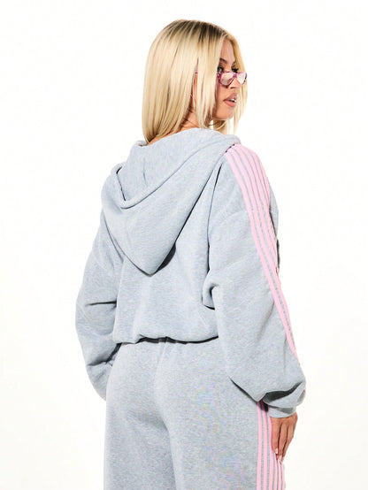 Oversized Boxy Pink Stripe Zip-Through Hoodie