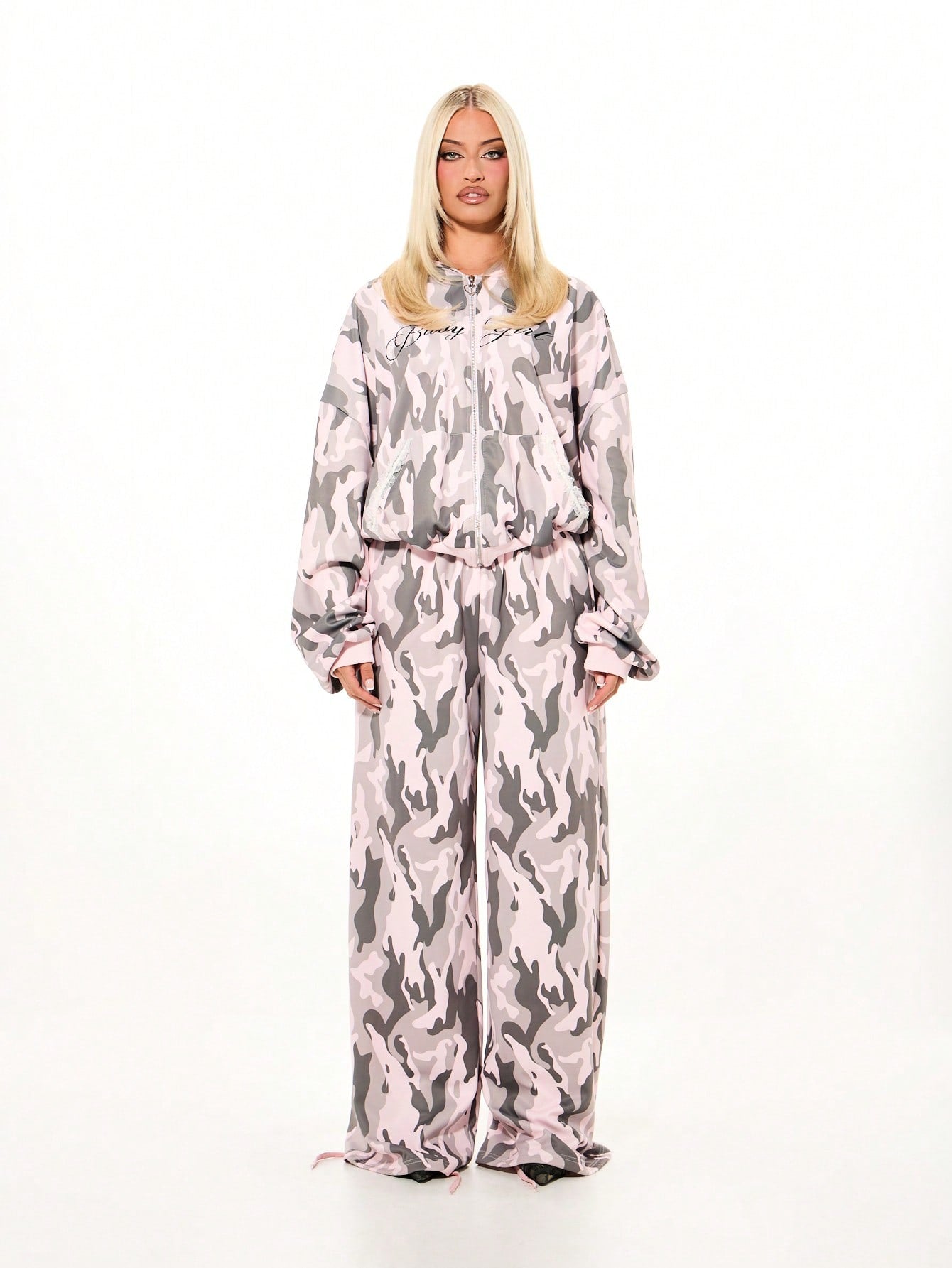 Women's Pink Camo Lace Trim Oversized Full Zip Hoodie