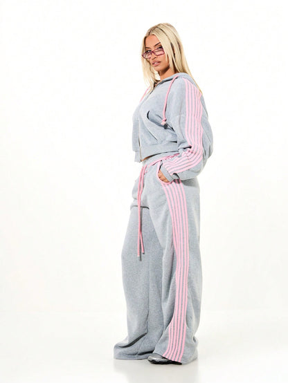 Oversized Boxy Pink Stripe Zip-Through Hoodie
