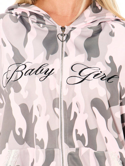 Women's Pink Camo Lace Trim Oversized Full Zip Hoodie