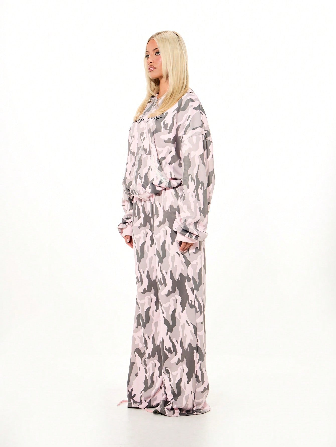 Women's Pink Camo Lace Trim Oversized Full Zip Hoodie