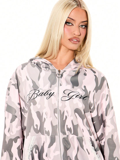 Women's Pink Camo Lace Trim Oversized Full Zip Hoodie