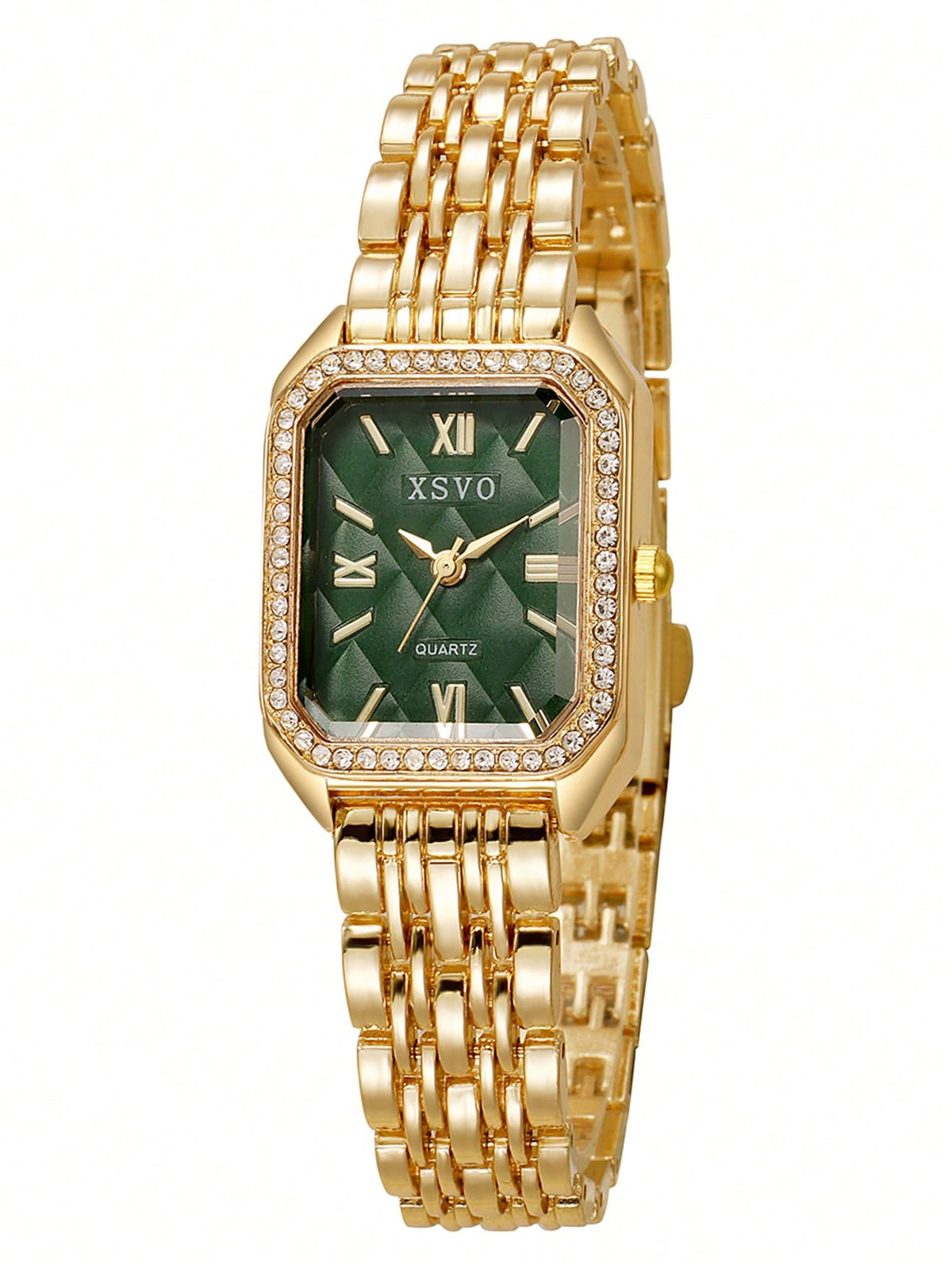 Elegant Emerald Green Crystal Dial Stainless Steel Watch