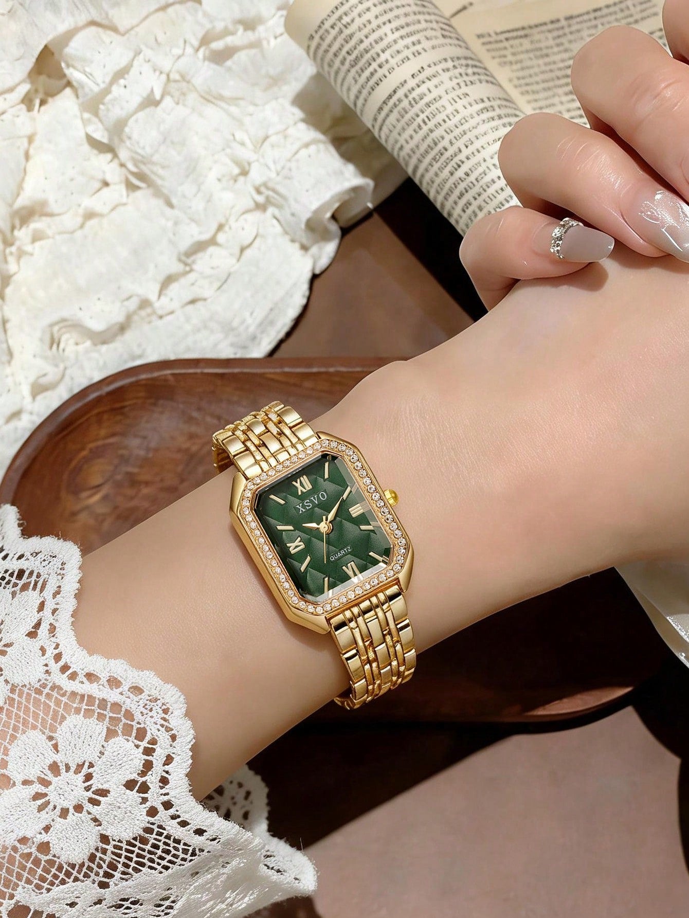 Elegant Emerald Green Crystal Dial Stainless Steel Watch