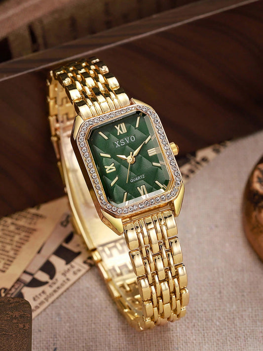 Elegant Emerald Green Crystal Dial Stainless Steel Watch