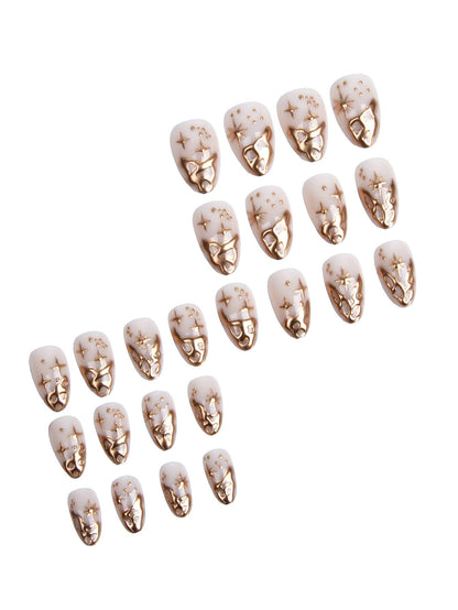 24pcs Retro Metallic Gold Rhinestone Almond Press-On