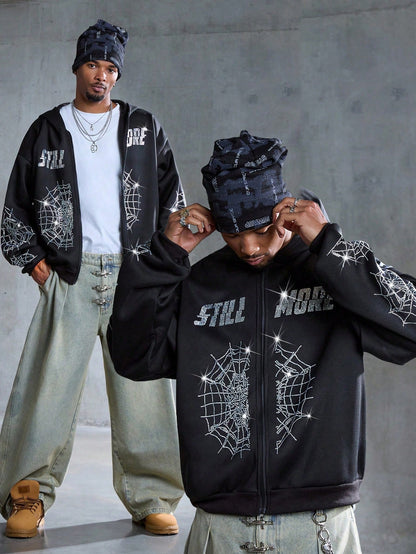 Men's Spider Web Print Dropped Shoulder Y2K Zip Hoodie