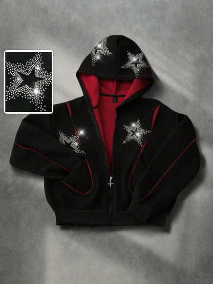 Men’s Sparkling Diamond Star Patchwork Retro Hoodie
