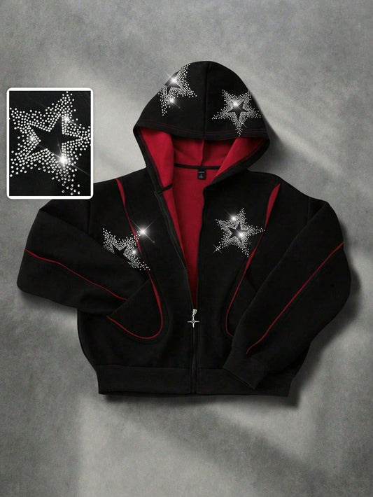 Men’s Sparkling Diamond Star Patchwork Retro Hoodie