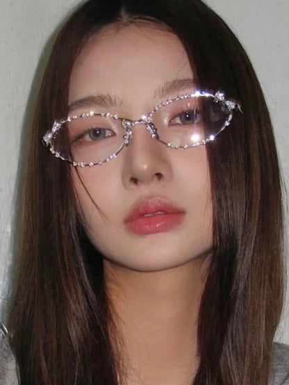 Rhinestone Oval Metal Minimalist Eyeglasses Frame