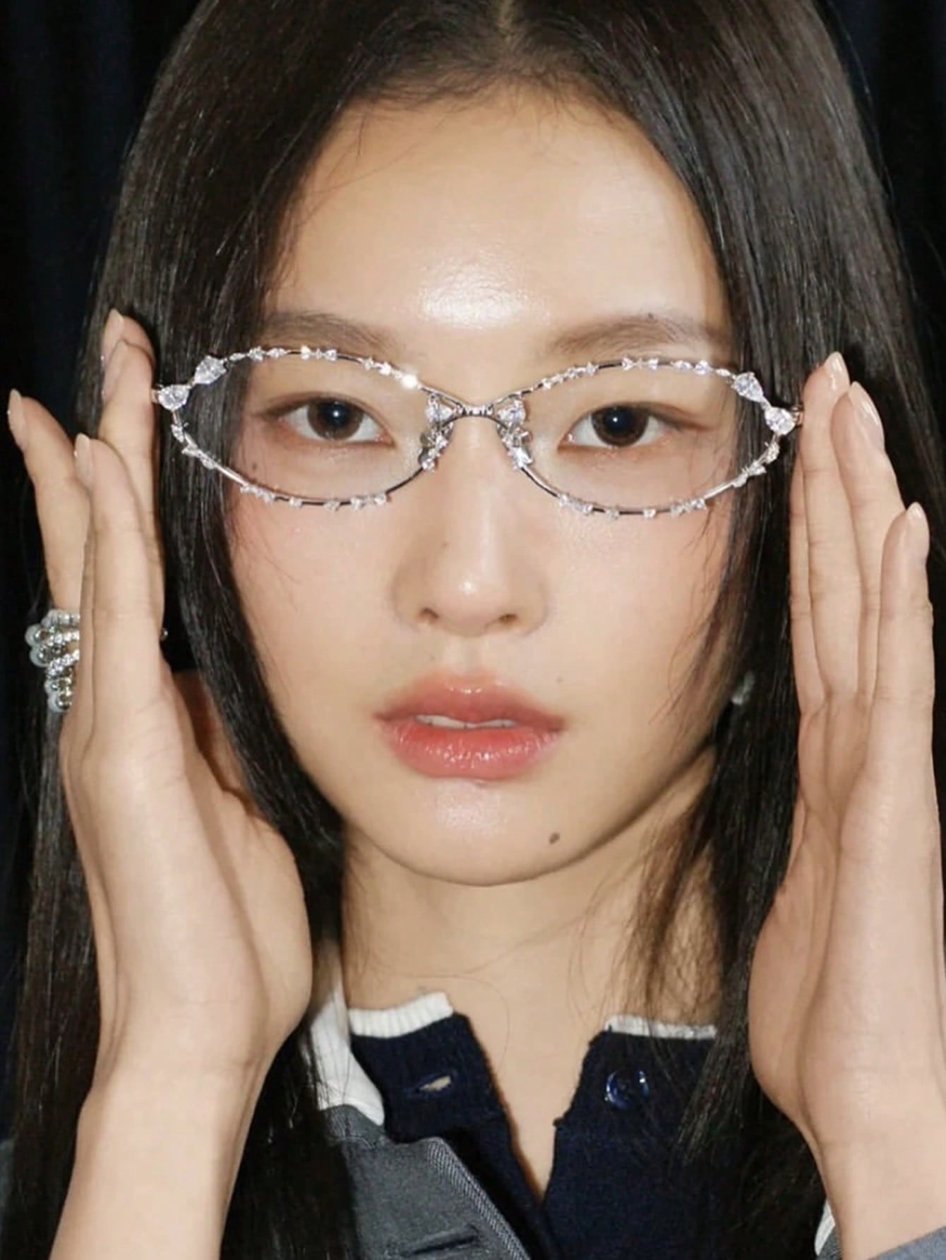 Rhinestone Oval Metal Minimalist Eyeglasses Frame