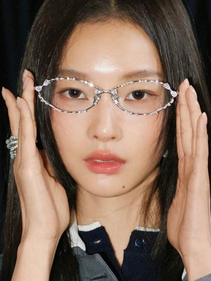 Rhinestone Oval Metal Minimalist Eyeglasses Frame