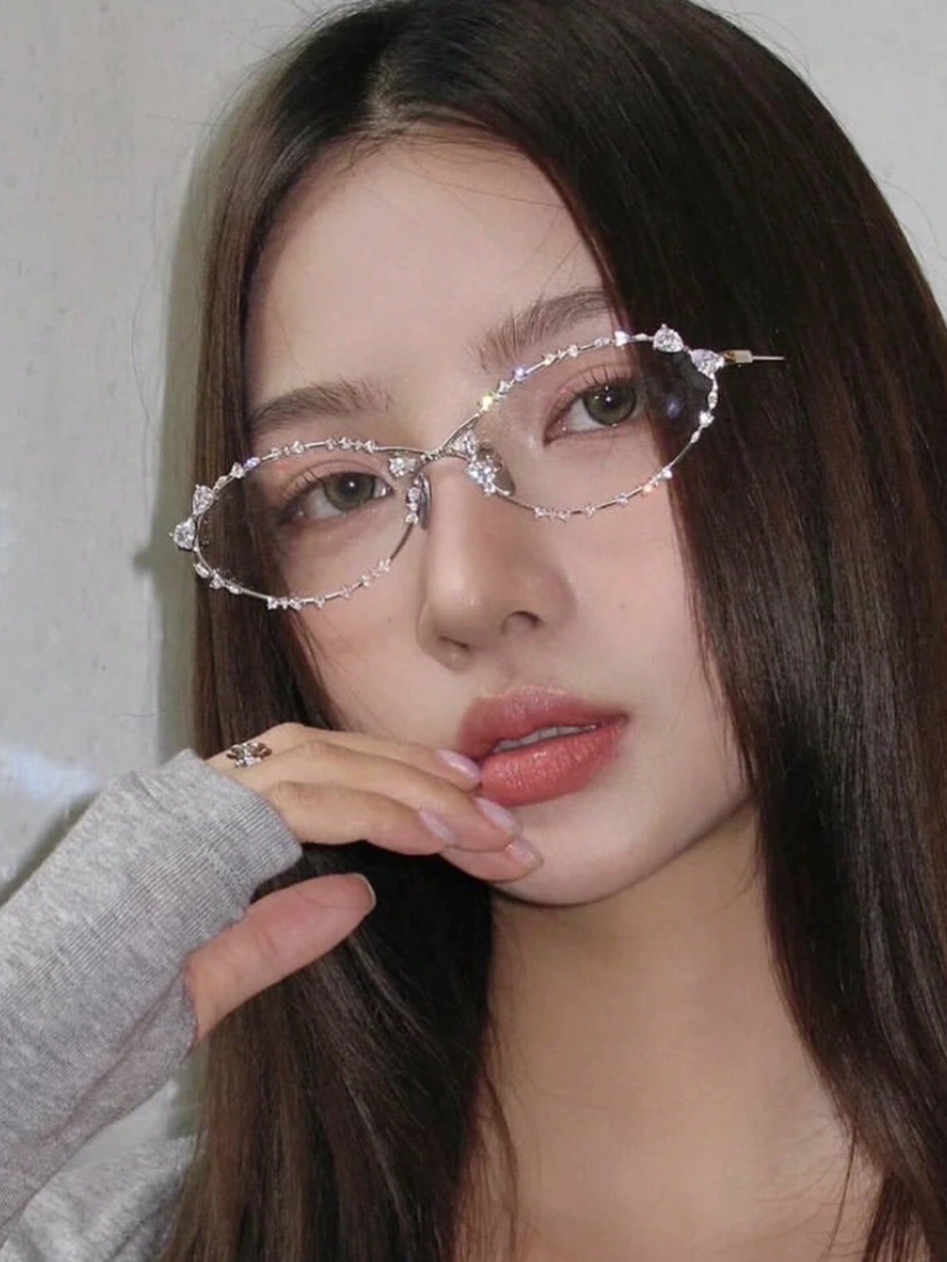 Rhinestone Oval Metal Minimalist Eyeglasses Frame