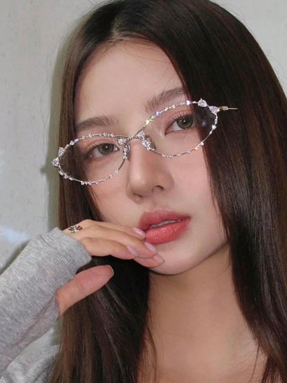 Rhinestone Oval Metal Minimalist Eyeglasses Frame