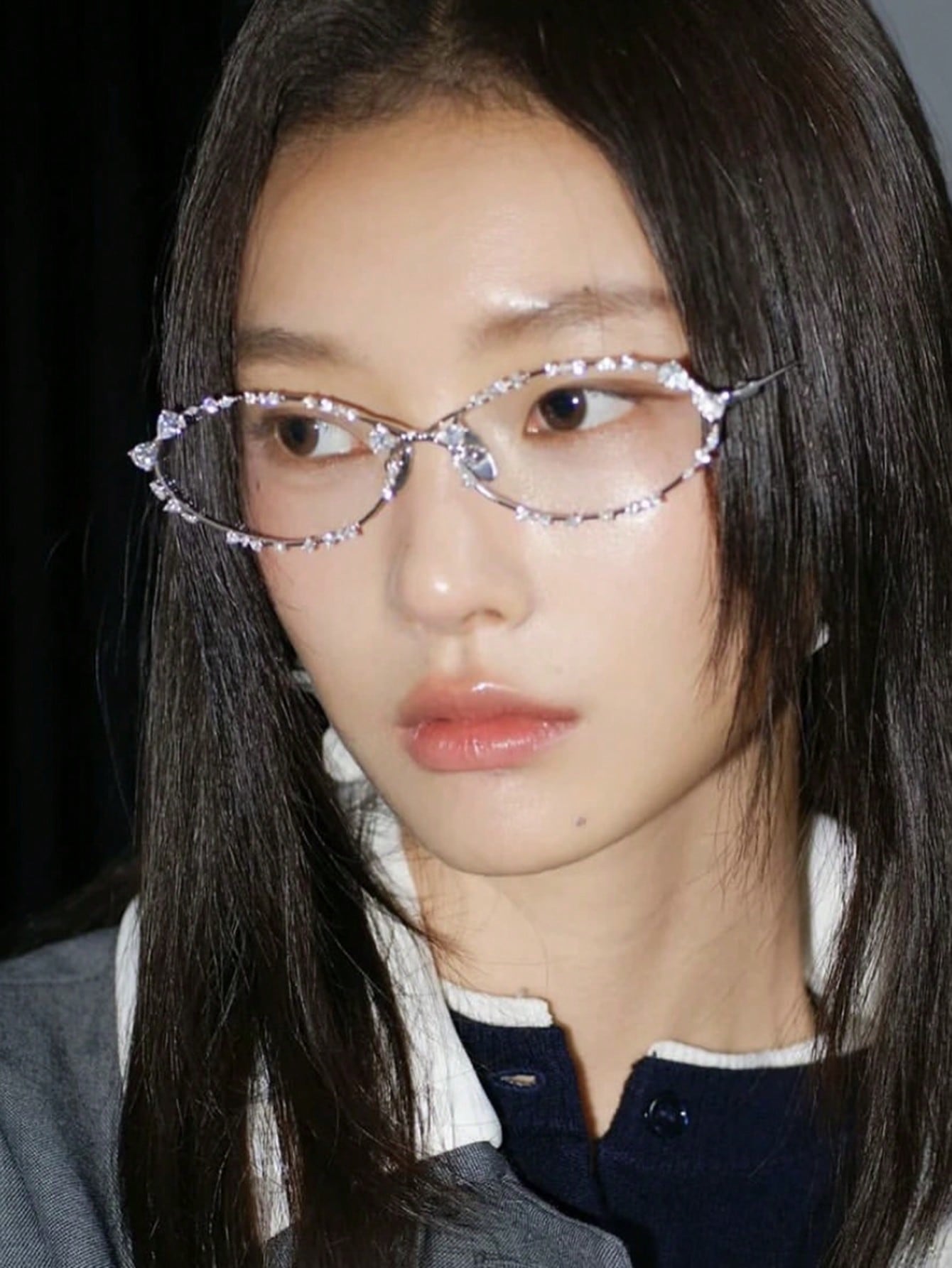 Rhinestone Oval Metal Minimalist Eyeglasses Frame