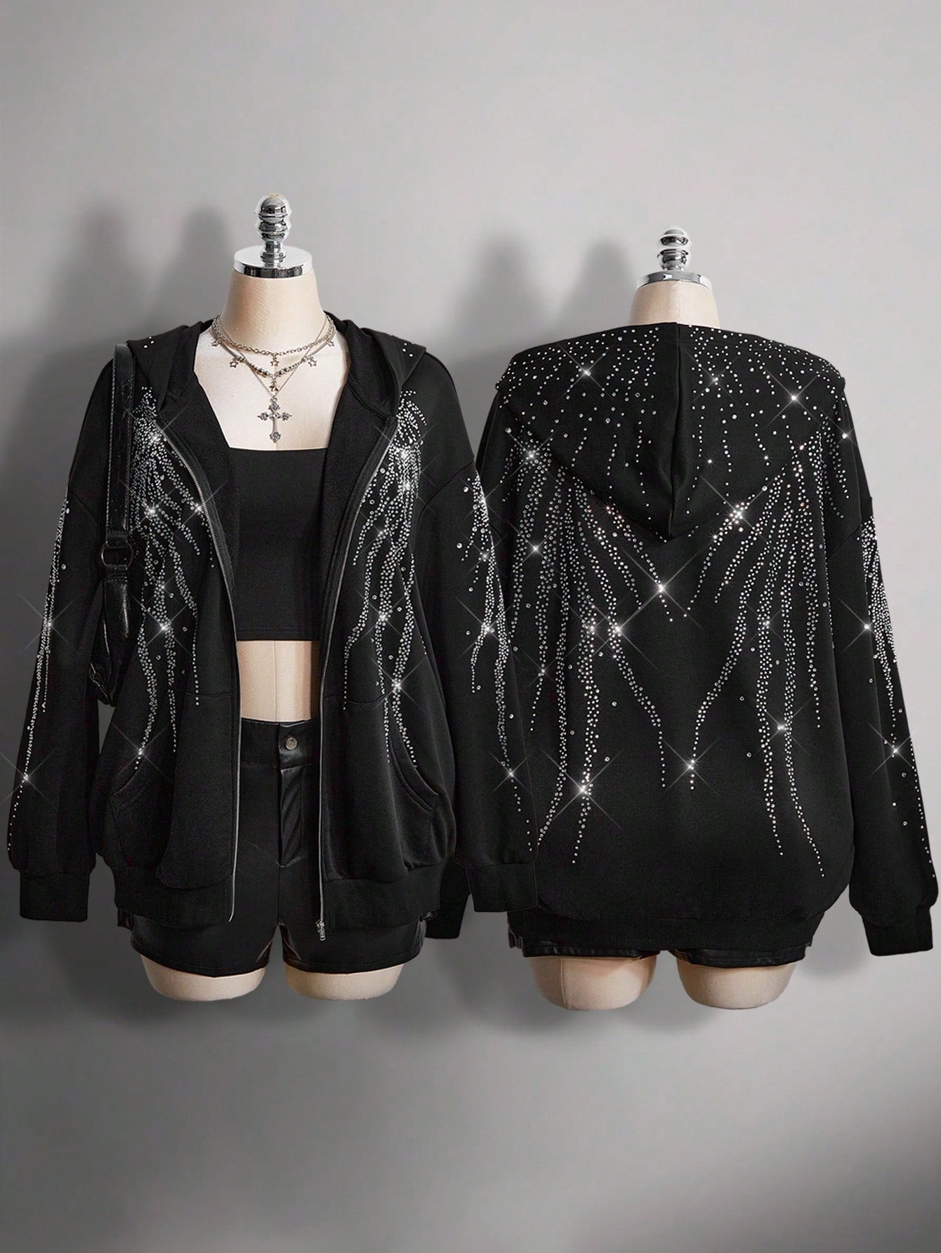 Plus Size Rhinestone Gothic Wing Black Zip-Up Hoodie