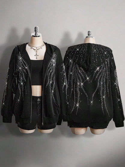 Plus Size Rhinestone Gothic Wing Black Zip-Up Hoodie