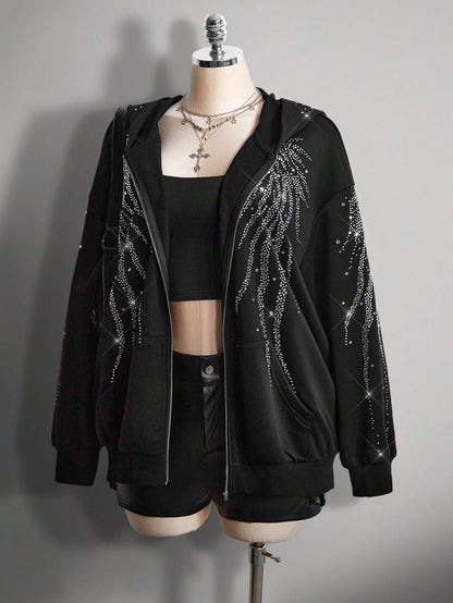 Plus Size Rhinestone Gothic Wing Black Zip-Up Hoodie