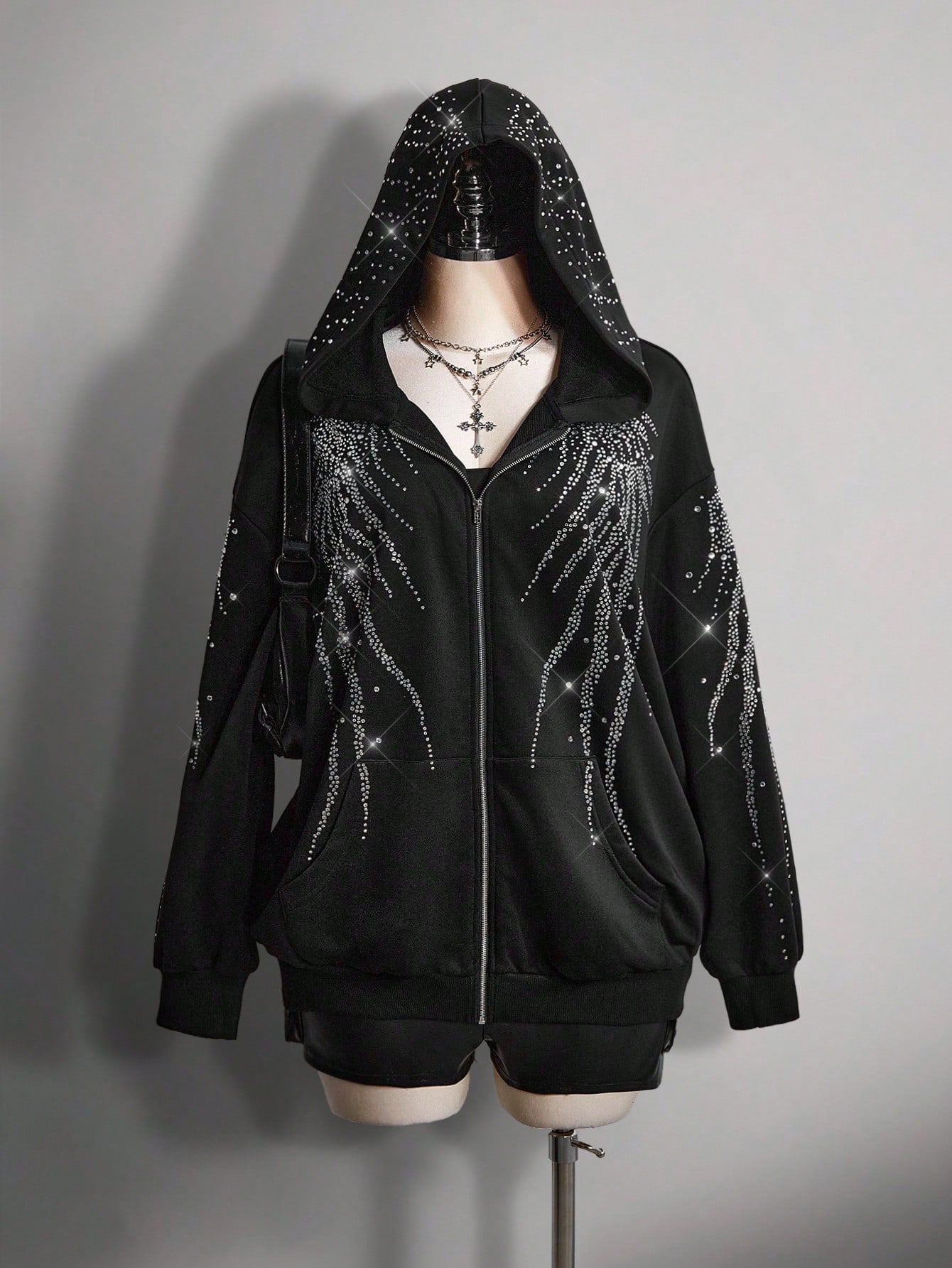 Plus Size Rhinestone Gothic Wing Black Zip-Up Hoodie