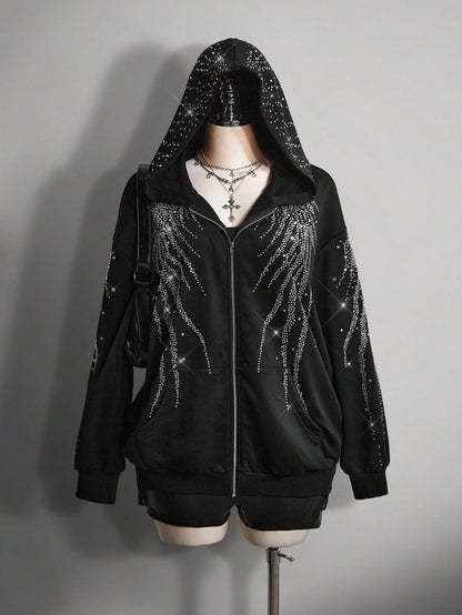 Plus Size Rhinestone Gothic Wing Black Zip-Up Hoodie