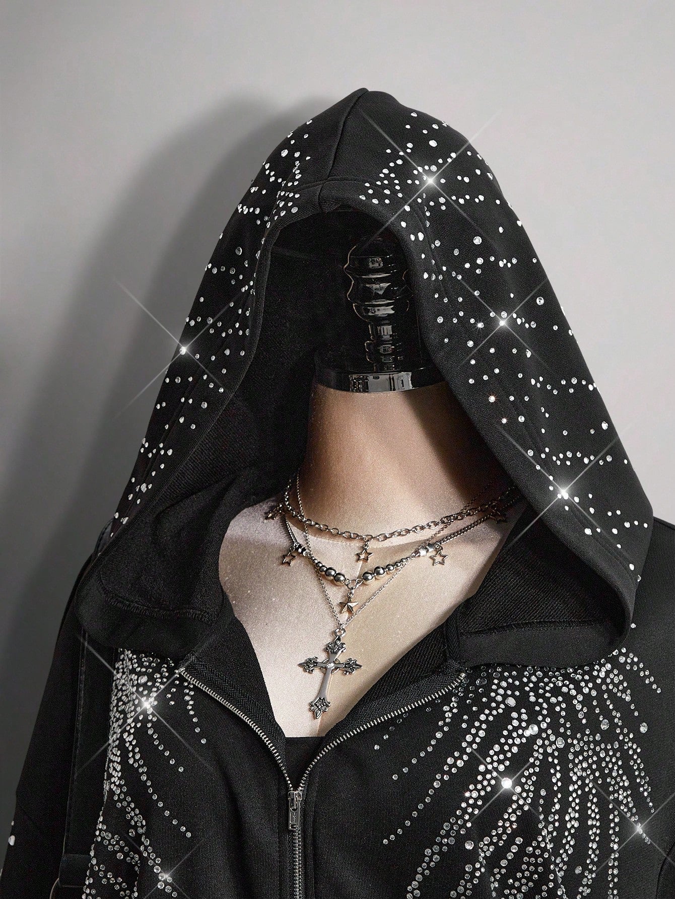 Plus Size Rhinestone Gothic Wing Black Zip-Up Hoodie