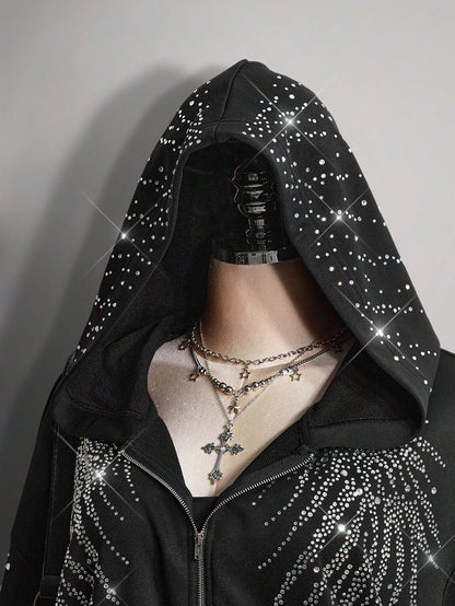 Plus Size Rhinestone Gothic Wing Black Zip-Up Hoodie
