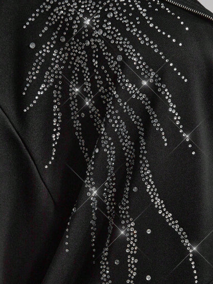 Plus Size Rhinestone Gothic Wing Black Zip-Up Hoodie