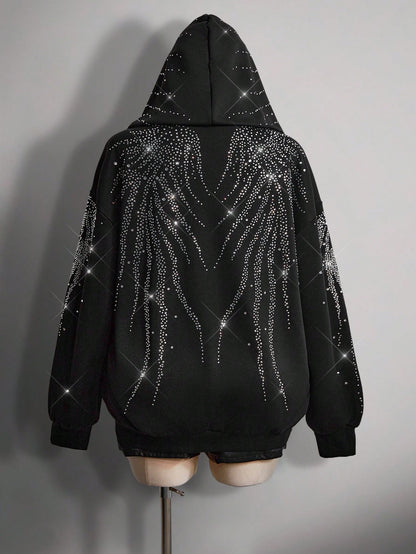 Plus Size Rhinestone Gothic Wing Black Zip-Up Hoodie