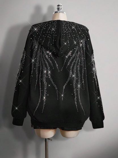 Plus Size Rhinestone Gothic Wing Black Zip-Up Hoodie