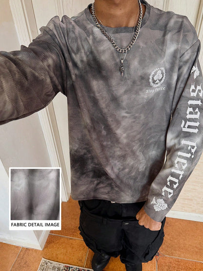 Men Distressed Tie Dye Waffle Long Sleeve Tee